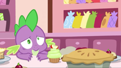 Size: 1280x720 | Tagged: safe, imported from derpibooru, screencap, spike, dragon, the big mac question, claws, cupcake, fangs, food, male, pie, winged spike, wings