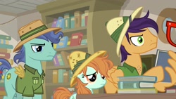 Size: 1920x1080 | Tagged: safe, imported from derpibooru, screencap, a.k. yearling, compass course, endeavour, peach fuzz, pony, daring doubt, book, bookshelf, clothes, cosplay, costume, female, filly, hat, pith helmet