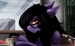 Size: 1920x1200 | Tagged: safe, artist:brainiac, imported from derpibooru, oc, oc only, oc:brainiac, pony, cake, coffee, coffee mug, food, glasses, male, mug, solo, stallion, text, underhoof