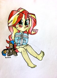 Size: 2354x3215 | Tagged: safe, artist:michaelmaddox222, imported from derpibooru, sunset shimmer, human, equestria girls, :t, barefoot, blushing, bondage, boots, clothes, colored, feet, female, fetish, foot fetish, looking at you, pencil drawing, shoes, signature, sitting, skirt, socks, solo, straitjacket, traditional art