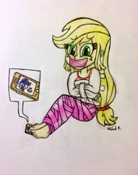 Size: 2448x3096 | Tagged: safe, artist:michaelmaddox222, imported from derpibooru, applejack, rarity, human, equestria girls, barefoot, bondage, cellphone, colored, duct tape, feet, female, gag, looking down, mummification, pencil drawing, phone, signature, solo, straitjacket, tape, tape bondage, tape gag, traditional art, worried