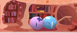 Size: 335x143 | Tagged: safe, artist:vanny22ify, imported from derpibooru, trixie, twilight sparkle, pony, unicorn, 3d, eyes closed, female, golden oaks library, happy, inanimate tf, lesbian, mare, morph ball, nuzzling, shipping, transformation, trixieball, twiball, twixie