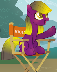 Size: 1232x1564 | Tagged: safe, artist:razorbladetheunicron, imported from derpibooru, oc, oc only, oc:violet quartz, earth pony, pony, base used, chair, director's chair, female, gradient mane, mare, pointing, shading, shading practice, solo, sparkly eyes