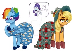 Size: 1280x899 | Tagged: safe, artist:shadowstar, imported from derpibooru, applejack, rainbow dash, rarity, pony, and then there's rarity, applejack also dresses in style, blushing, clothes, darling, deviantart watermark, dress, hat, lost bet, makeover, obtrusive watermark, rainbow dash always dresses in style, signature, simple background, unamused, watermark, white background