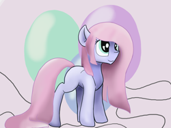 Size: 6667x5000 | Tagged: safe, artist:whiteberry, imported from derpibooru, oc, oc only, oc:bubble gum, earth pony, pony, balloon, pastel, smiling, solo