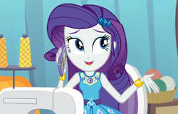 Size: 1685x1080 | Tagged: safe, imported from derpibooru, screencap, rarity, equestria girls, equestria girls series, rollercoaster of friendship, beautiful, bracelet, cellphone, cropped, cute, female, geode of shielding, jewelry, magical geodes, phone, raribetes, sewing, sewing machine, smartphone, smiling, solo, talking, yarn, yarn ball