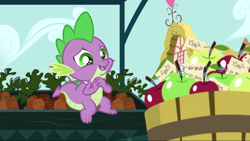 Size: 1280x720 | Tagged: safe, imported from derpibooru, screencap, spike, dragon, the big mac question, apple, claws, cute, fangs, food, ponyville, spikabetes, tail, winged spike, wings