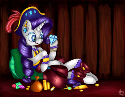 Size: 2722x2115 | Tagged: safe, artist:appleneedle, imported from derpibooru, rarity, pony, unicorn, my little pony: the movie, bag, clothes, coin, cute, diamonds, female, hat, high res, jewels, looking at something, mare, open mouth, pillow, pirate, pirate hat, pirate rarity, raribetes, solo