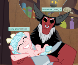 Size: 588x488 | Tagged: safe, edit, edited screencap, imported from derpibooru, screencap, cozy glow, lord tirek, derpibooru, the summer sun setback, cozybetes, cropped, cute, duo, duo male and female, meta, tags, tirek is not amused