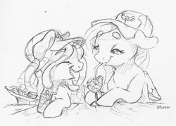 Size: 1546x1106 | Tagged: safe, artist:dilarus, deleted from derpibooru, imported from derpibooru, fluttershy, tree hugger, earth pony, pegasus, pony, beanbrows, drinking, drinking straw, eyebrows, female, hat, laughing, mare, monochrome, simple background, size difference, snacks, straw in mouth, tallershy, traditional art, white background