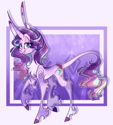 Size: 1024x1137 | Tagged: safe, artist:manella-art, imported from derpibooru, starlight glimmer, classical unicorn, pony, unicorn, alternate hairstyle, big ears, chest fluff, cloven hooves, female, grin, hoof fluff, impossibly large ears, impossibly long ears, leonine tail, long feather, looking at you, mare, raised leg, smiling, solo, unshorn fetlocks