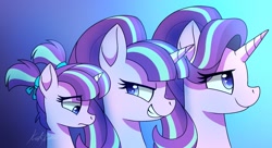 Size: 1980x1080 | Tagged: safe, artist:kaylerustone, imported from derpibooru, starlight glimmer, pony, unicorn, age progression, bust, character development, evil grin, eye clipping through hair, female, filly, filly starlight glimmer, frown, gradient background, grin, mare, pigtails, portrait, profile, s5 starlight, sad, sadlight glimmer, smiling, solo, triality, younger