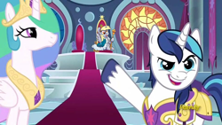 Size: 960x542 | Tagged: safe, artist:shibaroll, deleted from derpibooru, edit, edited screencap, imported from derpibooru, screencap, derpy hooves, princess celestia, shining armor, alicorn, sparkle's seven, alicornified, behold, best princess, cloak, clothes, crown, cute, derp, derpabetes, discovery family logo, food, jewelry, mashup, muffin, parody, photoshop, pointing, princess derpy, race swap, regalia, royalty, scepter, sitting, throne, tongue out