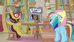 Size: 1920x1080 | Tagged: safe, imported from derpibooru, screencap, a.k. yearling, fluttershy, rainbow dash, pony, daring doubt, book, bookshelf, ladder, written equestrian