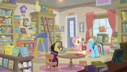 Size: 1920x1080 | Tagged: safe, imported from derpibooru, screencap, a.k. yearling, fluttershy, rainbow dash, pony, daring doubt, book, bookshelf, ladder, saddle bag