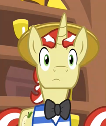 Size: 606x720 | Tagged: safe, imported from derpibooru, screencap, flam, flim, pony, unicorn, friendship university, boater, bowtie, cropped, cute, flim flam brothers, flimabetes, hat, male, solo focus, stallion, straw hat, surprised