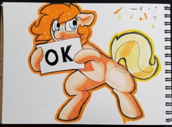 Size: 2048x1510 | Tagged: safe, artist:dimfann, imported from derpibooru, oc, oc only, oc:uhhhh, earth pony, pony, hoof hold, ok, sign, solo, tongue out, traditional art