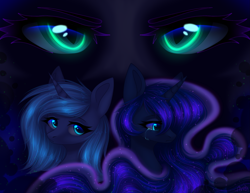 Size: 2591x2000 | Tagged: safe, artist:avrameow, imported from derpibooru, nightmare moon, princess luna, alicorn, pony, crying, female, lunar trinity, mare, s1 luna, slit eyes, slit pupils, young luna, younger