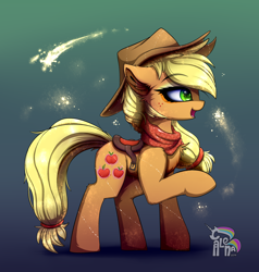 Size: 3320x3485 | Tagged: safe, artist:calena, imported from derpibooru, applejack, earth pony, pony, chest fluff, clothes, cute, digital art, ear fluff, female, gradient background, high res, i can't believe it's not magnaluna, jackabetes, jewelry, mare, scarf, solo, style emulation