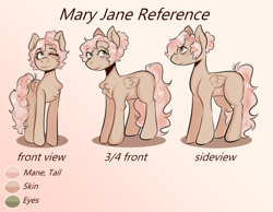 Size: 1900x1475 | Tagged: safe, artist:poofindi, imported from derpibooru, oc, oc:mary jane, pegasus, pony, 3/4 view, front view, one eye closed, palette, reference sheet, sideview, three quarter view, wink