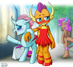 Size: 1178x1083 | Tagged: safe, artist:uotapo, idw, imported from derpibooru, mina, ocellus, smolder, changedling, changeling, dragon, blushing, changeling x dragon, clothes, cute, diaocelles, dragoness, dress, embarrassed, female, fillydelphia, high heels, humiliated, humiliation, implied smolcellus, laughing, lesbian, minabetes, nervous, shipping, shipping fuel, shoes, shopping, shopping bag, shopping bags, smolcellus, smolder also dresses in style, smolder is not amused, smolderbetes, tree, unamused, uotapo is trying to murder us, uotapo will kill us all, window shopping