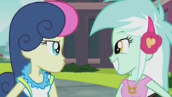 Size: 661x372 | Tagged: safe, imported from derpibooru, screencap, bon bon, lyra heartstrings, sweetie drops, all's fair in love and friendship games, equestria girls, duo, looking at each other, smiling