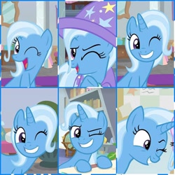 Size: 640x640 | Tagged: safe, imported from derpibooru, screencap, trixie, pony, unicorn, a horse shoe-in, cape, clothes, female, hat, mare, one eye closed, trixie's cape, trixie's hat, wink