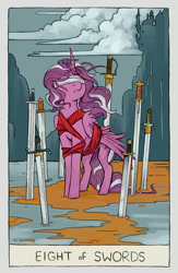 Size: 2284x3508 | Tagged: safe, artist:cuttledreams, imported from derpibooru, diamond tiara, alicorn, pony, pony pov series, eight of spades, eight of swords, fanfic art, female, race swap, solo, sword, tarot card, weapon
