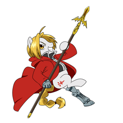 Size: 1500x1500 | Tagged: safe, artist:madmax, imported from derpibooru, pony, amputee, commission, crossover, edward elric, fullmetal alchemist, ponified, prosthetic limb, prosthetics, simple background, white background