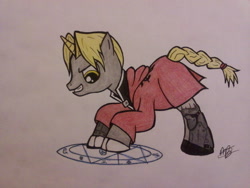 Size: 900x675 | Tagged: safe, artist:artmaniacmaster, imported from derpibooru, pony, crossover, edward elric, fullmetal alchemist, ponified, solo, traditional art