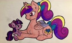 Size: 4032x2420 | Tagged: safe, artist:crystal2riolu, imported from derpibooru, princess cadance, twilight sparkle, pony, baby, babylight sparkle, bow, diaper, teen princess cadance, traditional art