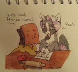 Size: 2048x1911 | Tagged: safe, artist:zlatavector, imported from derpibooru, oc, oc only, oc:paper bag, earth pony, pegasus, pony, apple, dialogue, female, food, simple background, traditional art