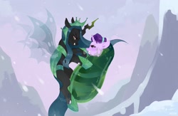 Size: 2048x1339 | Tagged: safe, artist:zlatavector, imported from derpibooru, queen chrysalis, starlight glimmer, changeling, changeling queen, pony, unicorn, the ending of the end, angry, cocoon, cocooning, duo, female, mare, profile, scene interpretation, snow, ultimate chrysalis