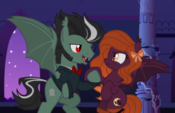 Size: 1062x686 | Tagged: safe, artist:pgthehomicidalmaniac, imported from derpibooru, oc, oc only, oc:count grimyard, oc:hallows night, bat pony, pony, vampony, base used, clothes, female, male, mare, stallion