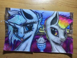 Size: 3264x2448 | Tagged: safe, artist:techwingidustries, imported from derpibooru, oc, oc:brooklynn, oc:synapses, unicorn, beach, cute, food, ice cream, looking at each other, shitposting, silly, tongue out