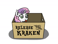 Size: 1280x960 | Tagged: safe, artist:flutterluv, imported from derpibooru, sweetie belle, pony, unicorn, behaving like a cat, box, cute, diasweetes, female, filly, ponified animal photo, pony in a box, simple background, smiling, solo, tongue out, white background