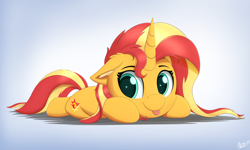 Size: 3978x2385 | Tagged: safe, artist:arcane-thunder, imported from derpibooru, sunset shimmer, pony, unicorn, :p, cheek fluff, cute, ear fluff, female, floppy ears, gradient background, mare, prone, shimmerbetes, solo, tongue out