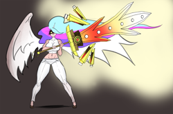 Size: 1907x1264 | Tagged: safe, artist:franschesco, imported from derpibooru, princess celestia, human, angry, big breasts, breasts, busty princess celestia, horn, horned humanization, huge breasts, humanized, sword, weapon, winged humanization, wings, yandelestia, yandere