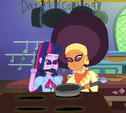 Size: 2000x1789 | Tagged: safe, artist:bigpurplemuppet99, artist:brandontheunicorn, imported from derpibooru, saffron masala, twilight sparkle, equestria girls, 21, 30 day otp challenge, afro, cooking, equestria girls-ified, female, lesbian, shipping, spoon, twiffron