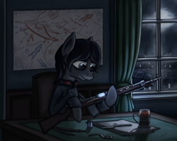 Size: 2500x2000 | Tagged: safe, artist:sinniepony, imported from derpibooru, oc, oc only, oc:sinnie, earth pony, pony, blue eyes, clothes, food, gun, melancholy, military uniform, night, rifle, solo, soviet, svt-40, tea, uniform, weapon