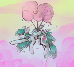 Size: 1112x1000 | Tagged: safe, artist:rumbletree6, imported from derpibooru, oc, oc only, pegasus, pony, art trade, big ears, candy, cloud, cotton candy, cotton candy cloud, cutie mark, female, floppy ears, flying, food, heterochromia, lollipop, mare, raised hoof, smiling, solo, speedpaint available