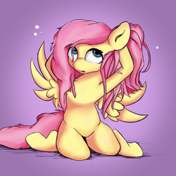 Size: 2500x2500 | Tagged: safe, artist:rainyvisualz, imported from derpibooru, fluttershy, pegasus, pony, arm behind head, cute, female, mare, shyabetes, sitting, solo, spread wings, wings