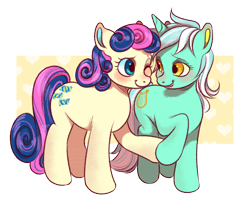 Size: 1000x800 | Tagged: safe, artist:xlerotl, imported from derpibooru, bon bon, lyra heartstrings, sweetie drops, earth pony, pony, unicorn, abstract background, adorabon, best friends, blushing, cute, female, holding hooves, lesbian, looking at each other, lyrabetes, lyrabon, mare, one eye closed, shipping, simple background, smiling, standing, transparent background, wink