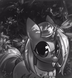 Size: 1475x1600 | Tagged: safe, artist:mirroredsea, imported from derpibooru, clear sky, pony, unicorn, biting, dappled sunlight, female, forest, hair bite, mare, monochrome, smiling, solo
