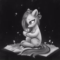 Size: 1600x1600 | Tagged: safe, artist:mirroredsea, imported from derpibooru, pinkie pie, earth pony, pony, female, flower, lidded eyes, mare, monochrome, sitting, solo