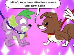 Size: 1021x757 | Tagged: safe, artist:mlpegasis4898, imported from derpibooru, spike, spike the regular dog, winona, dog, equestria girls, bed room eyes, bedroom eyes, collar, duo, exploitable meme, female, flirting, flirty, imminent sex, leash, long neck, male, meme, nope.avi, seductive, seductive look, seductive pose, shipping, shocked, spinona, straight, wingding eyes
