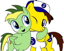 Size: 998x801 | Tagged: safe, artist:didgereethebrony, imported from derpibooru, oc, oc:didgeree, oc:ponyseb, pegasus, pony, base used, clothes, cutie mark, hat, hug, simple background, stubble, sweater, trace, transparent background