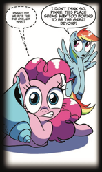 Size: 510x860 | Tagged: safe, artist:amy mebberson, artist:amymebberson, idw, imported from derpibooru, pinkie pie, rainbow dash, earth pony, pegasus, pony, spoiler:comic, spoiler:comic16, duo, female, implied death, mare, official comic, seashell, simple background, speech bubble, whispering, white background