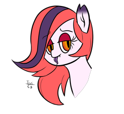 Size: 2400x2200 | Tagged: safe, artist:toricelli, imported from derpibooru, oc, oc only, oc:arrhythmia, bat pony, pony, colored, fangs, flat colors, seductive look, simple background, slit eyes, slit pupils, solo, tongue out, transparent background, watermark