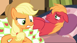 Size: 1920x1080 | Tagged: safe, imported from derpibooru, screencap, applejack, big macintosh, earth pony, pony, growing up is hard to do, annoyed, bags under eyes, bed, bedside, blanket, discovery family logo, female, gritted teeth, hooves on hips, male, mare, messy mane, pouting, sick, stallion, sweet apple acres